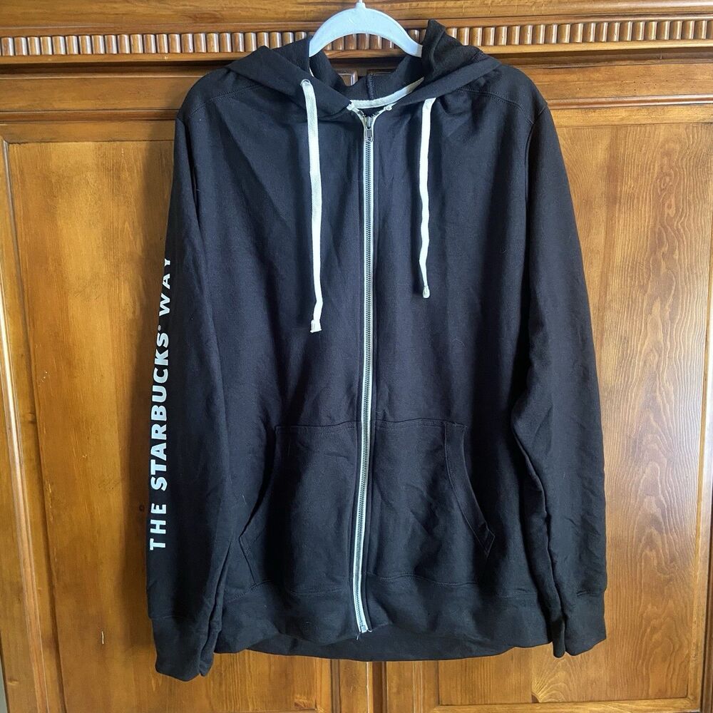 Starbucks Full Zip-Up Hoodie Jacket Size Medium Black/White Drawstring Pockets